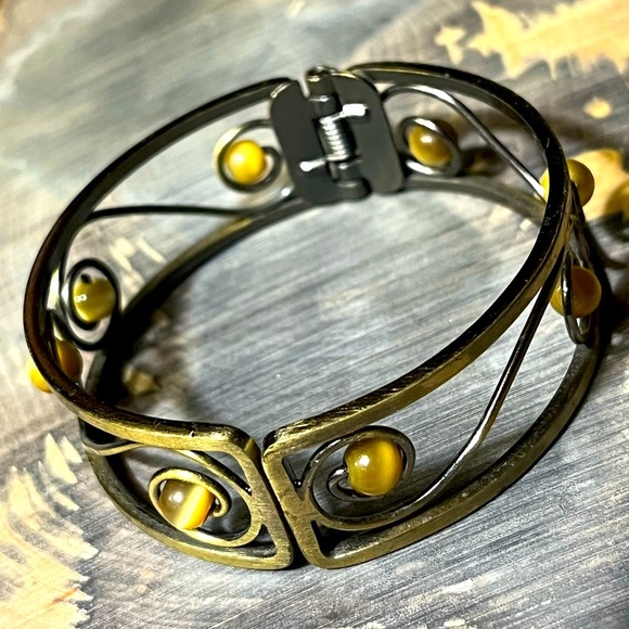 Brass Tigers Eye Beaded Hinged Wrap Bracelet - Picture 2 of 3